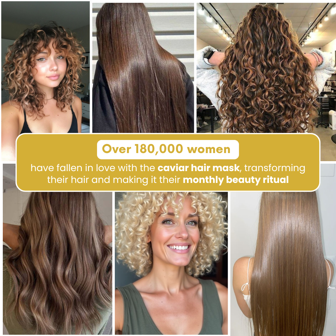 Collage showcasing diverse hair types with silky, shiny, and curly hair after using Korean Caviar Hair Mask deep repair treatment.