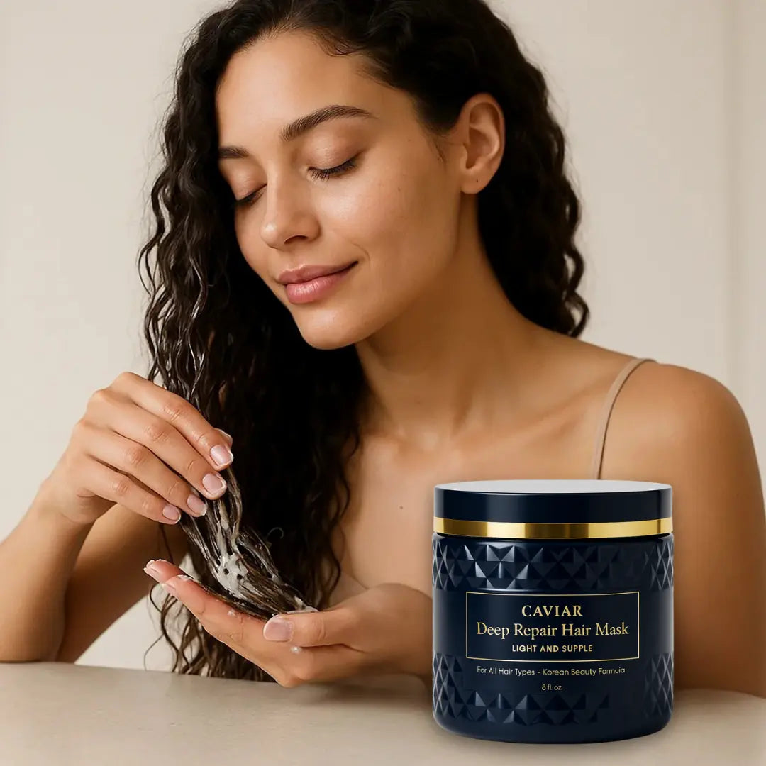Woman with curly hair applying Korean Caviar Deep Repair Hair Mask for soft and healthy hair.