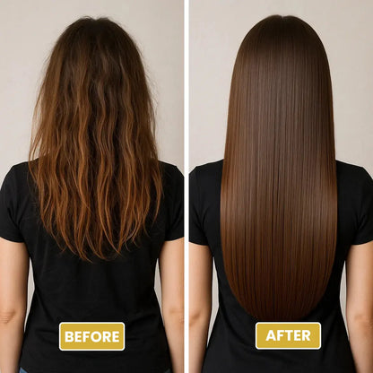 Before and after using Korean Caviar Hair Mask showing restored, smooth, and shiny long brown hair.