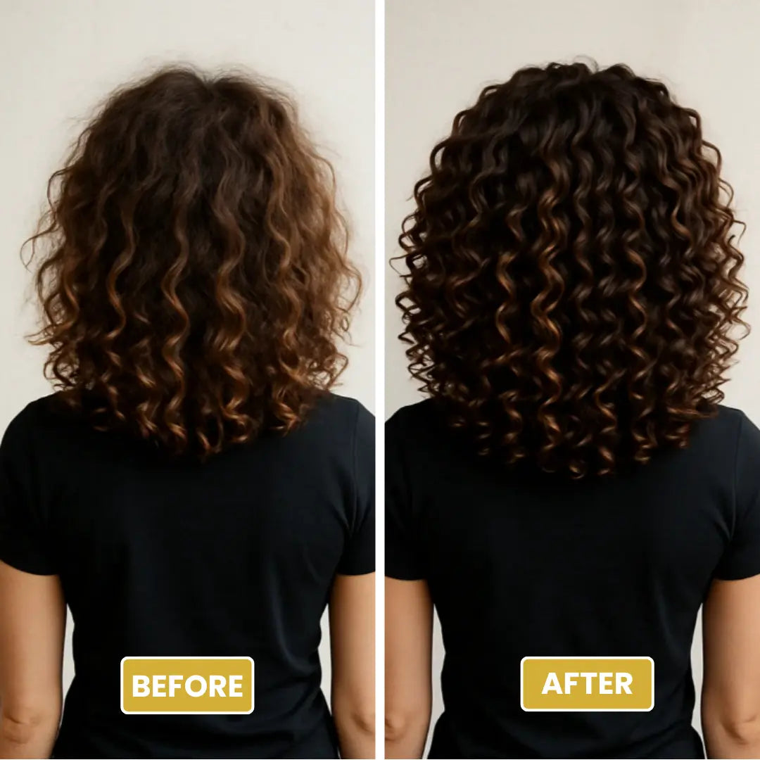 Before and after comparison of curly hair treated with Korean Caviar Hair Mask for deep repair and shine enhancement.