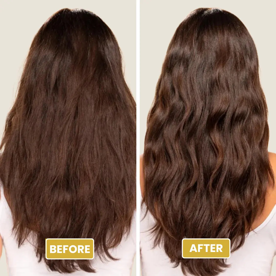 Before and after comparison of hair treated with Korean Caviar Hair Mask showing smoother, shinier, and healthier wavy hair.