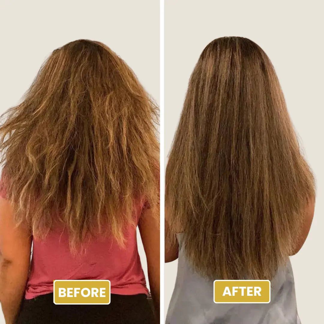 Before and after comparison of hair treated with Korean Caviar Hair Mask showing frizzy, dry hair transformed into smooth, shiny, and healthy hair.