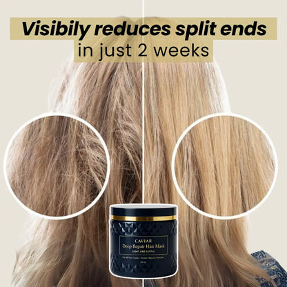Korean Caviar Hair Mask jar with before and after images showing reduced split ends and smoother hair in two weeks.