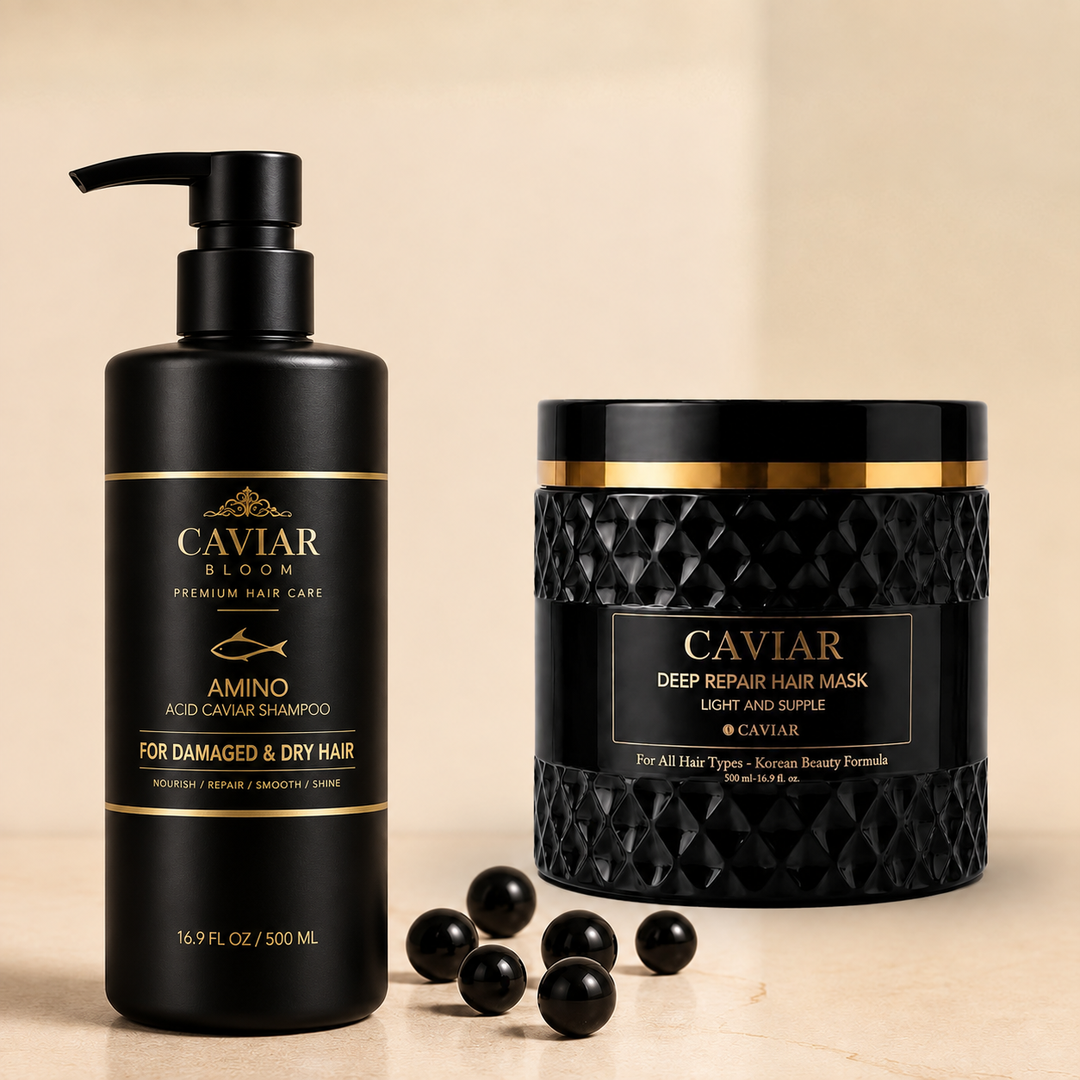 Caviar Bloom combo: Amino Acid Caviar Shampoo and Deep Repair Hair Mask, 16.9 fl oz each, with black caviar pearls